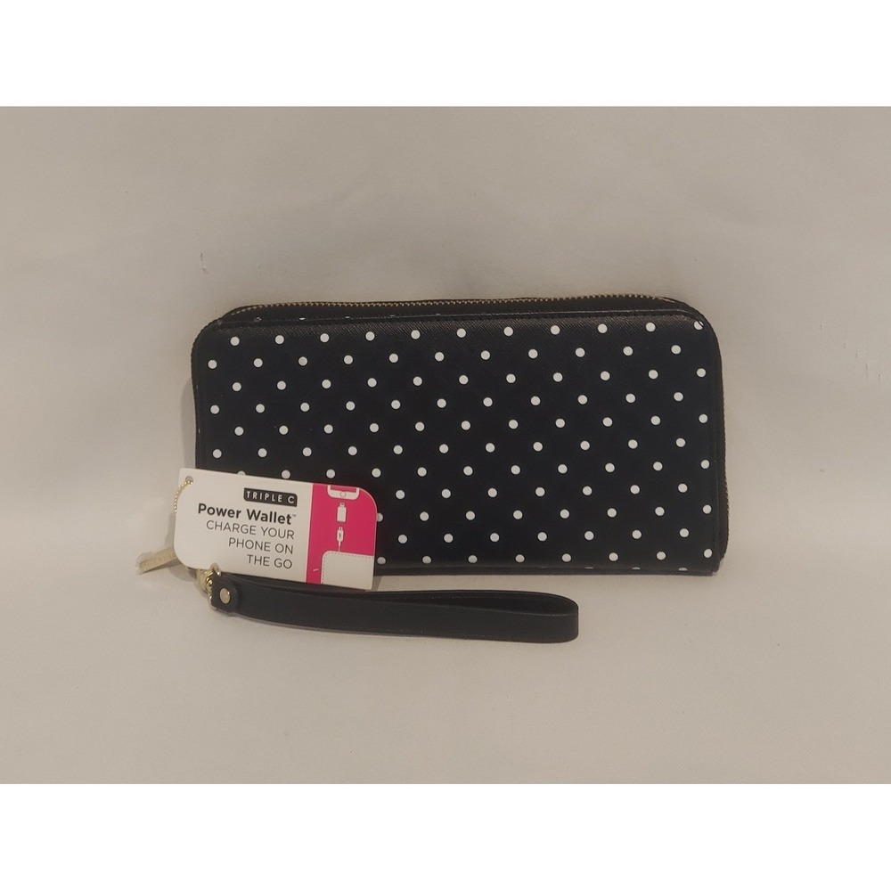 Triple C Womens Black & White Polka Dots Power Wallet Wristlet IPhones NWT